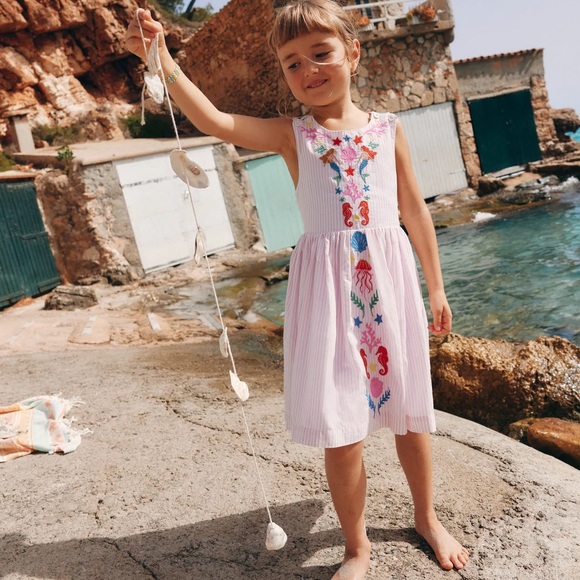 Boden Harper Cross Back Pink Embroidered Kids Dress - Picture 2 of 7